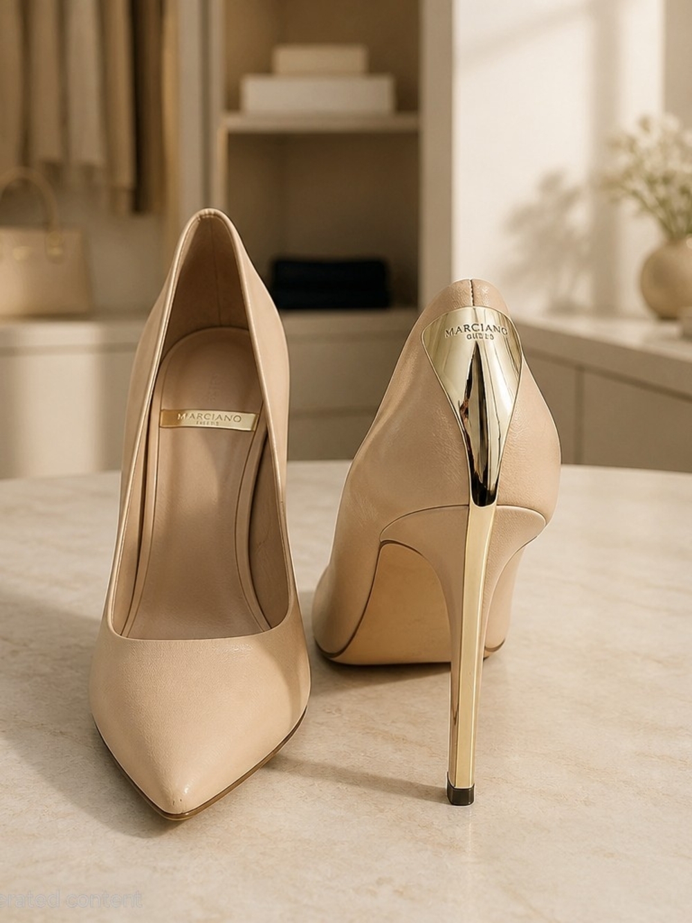 Marciano Nude Pointed-Toe Pumps with Gold-Tone Stiletto Heel